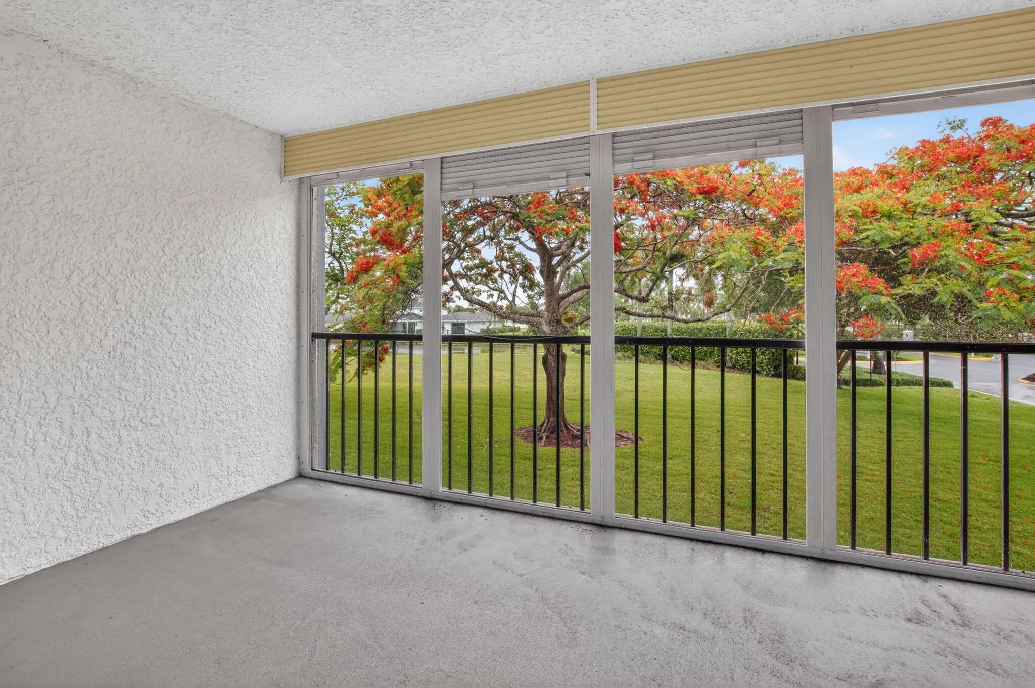 Screened balcony overlooking late and lush green space