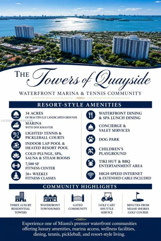 Discover the exceptional amenities offered in the Tower of Quayside gated waterfront marina and tennis & pickleball community. Experience a lifestyle of luxury and leisure right at your doorstep.