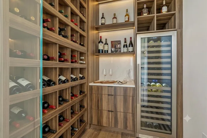 Custom climate controlled walk in wine vault with cold storage for 150 bottles and 130 dry storage.