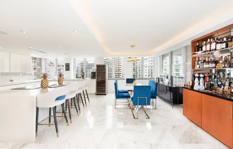 Kitchen island and dining area.