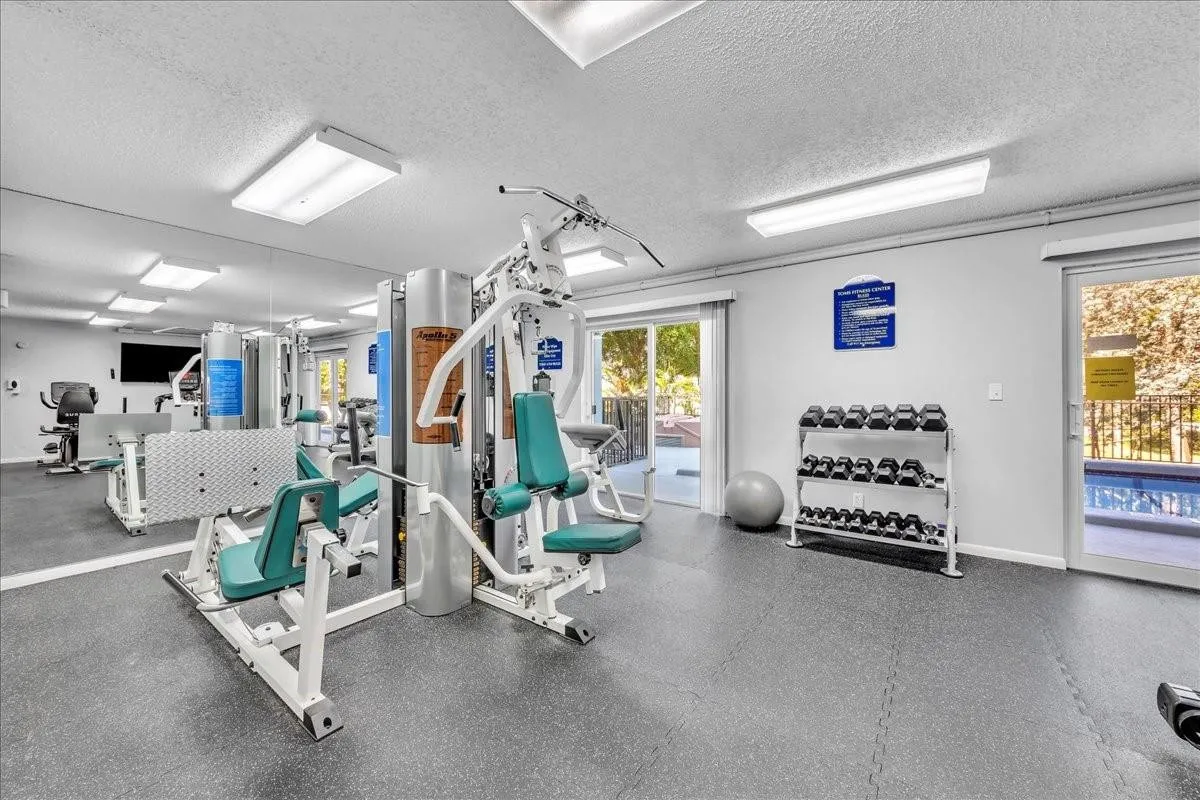 Fully equipped fitness room with strength training and cardio machines near the beach in Fort Lauderdale.