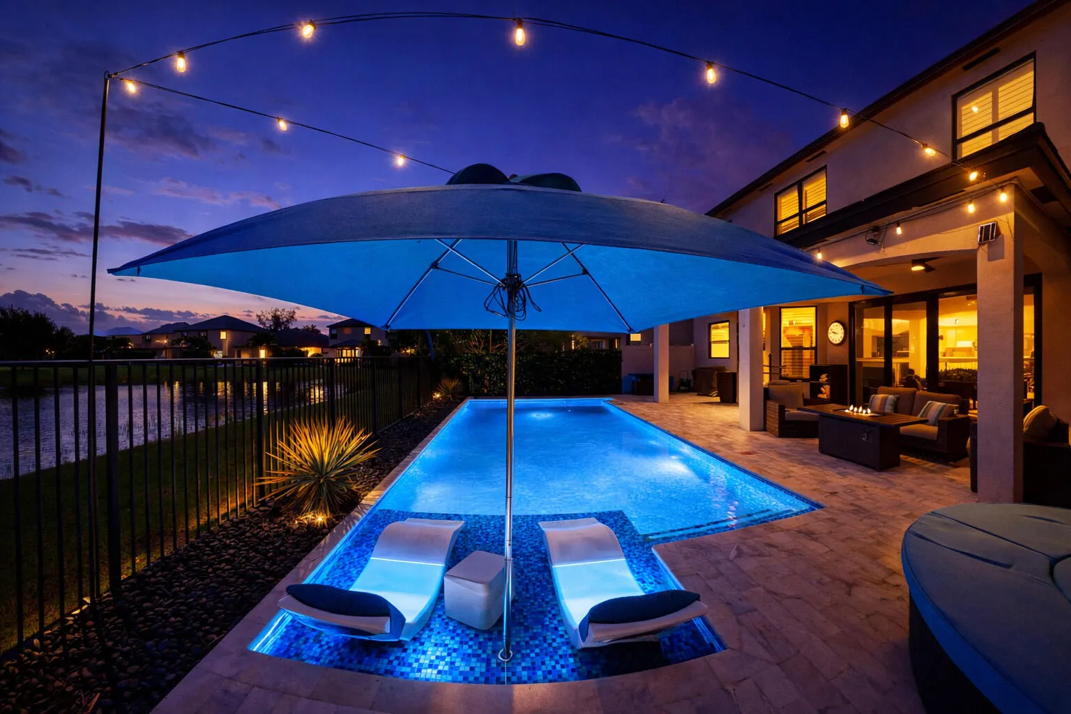 Twilight poolside AI render