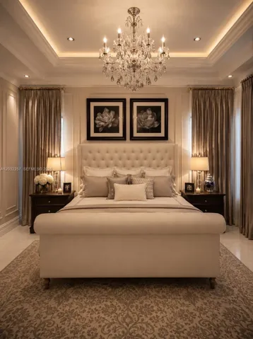 PRIMARY BEDROOM LOCATED ON THE FIRST FLOOR HAS ELEGANT DOUBLE TRAY CEILINGS DECORATED WITH A DESIGNER CHANDELIER. CUSTOM DRAPES AND SHADES WITH LUXURY HARDWARE SURROUND THIS BEAUTIFUL ROOM.