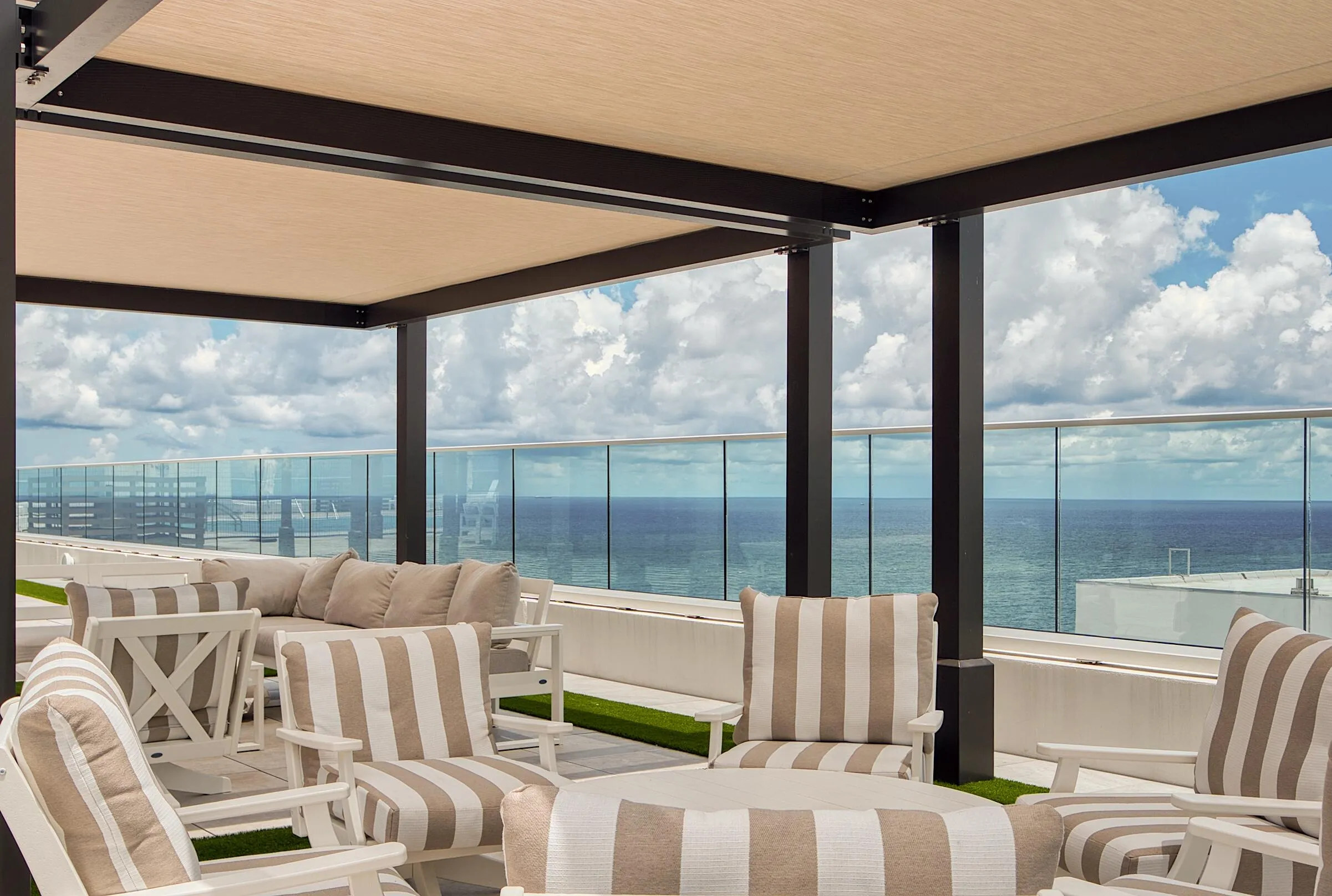 Plenty of seating and cabanas on the west side deck of the Roof top