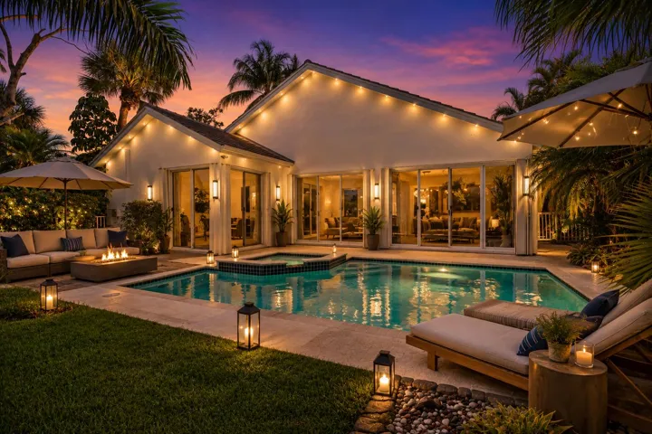 Patio virtually altered and staged at night