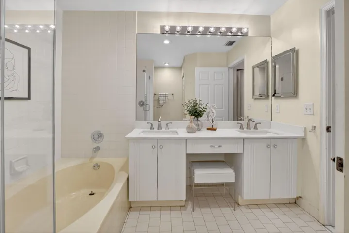 PRIMARY BATHROOM WITH SEPARATE TUB AND SHOWER WITH DOUBLE VANITY, NEW COUNTERTOP AND FIXTURES