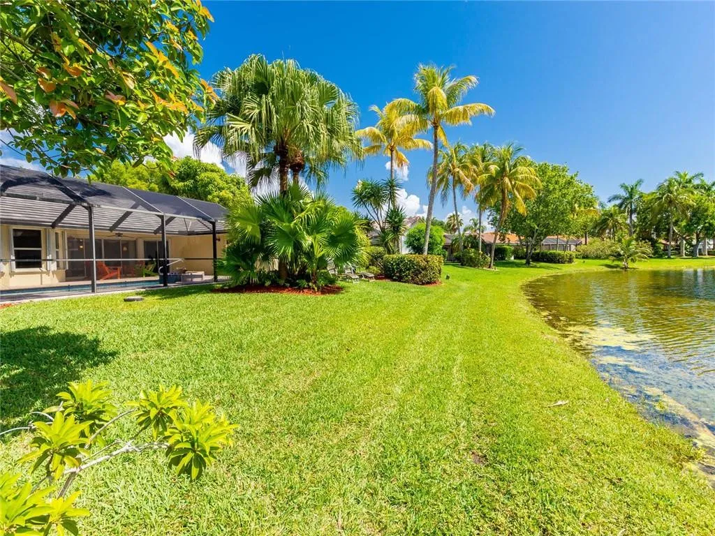 Lovely garden on serene lakefront.