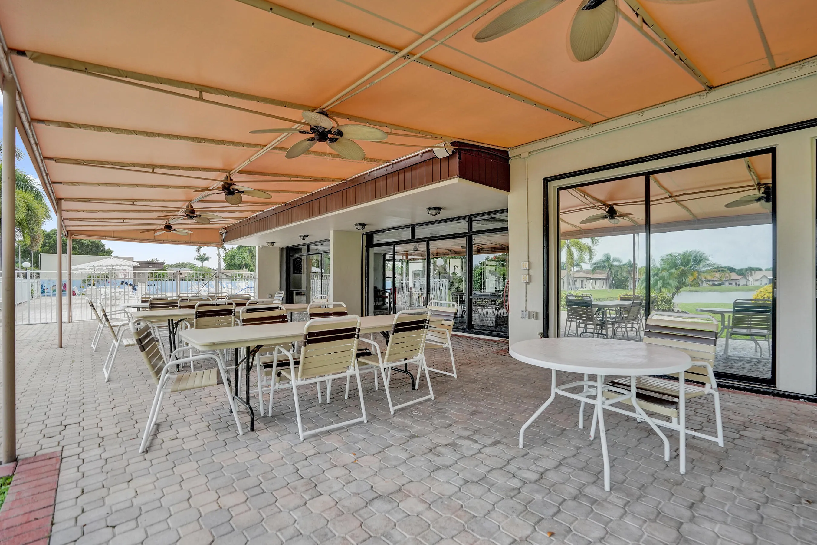Outdoor seating near pool