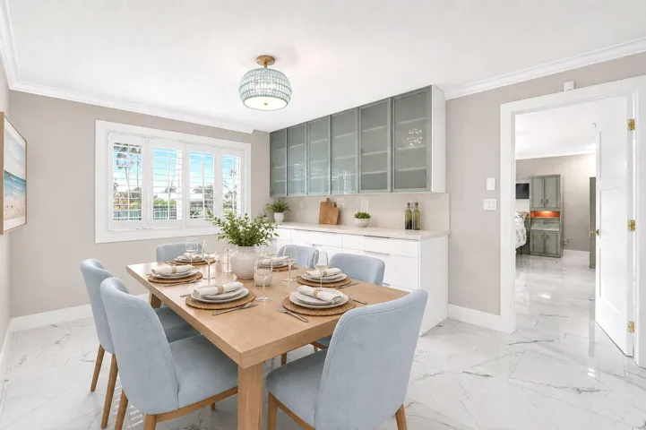 Big dining area with extra buffet and cabinets is perfect for family meals and gatherings.