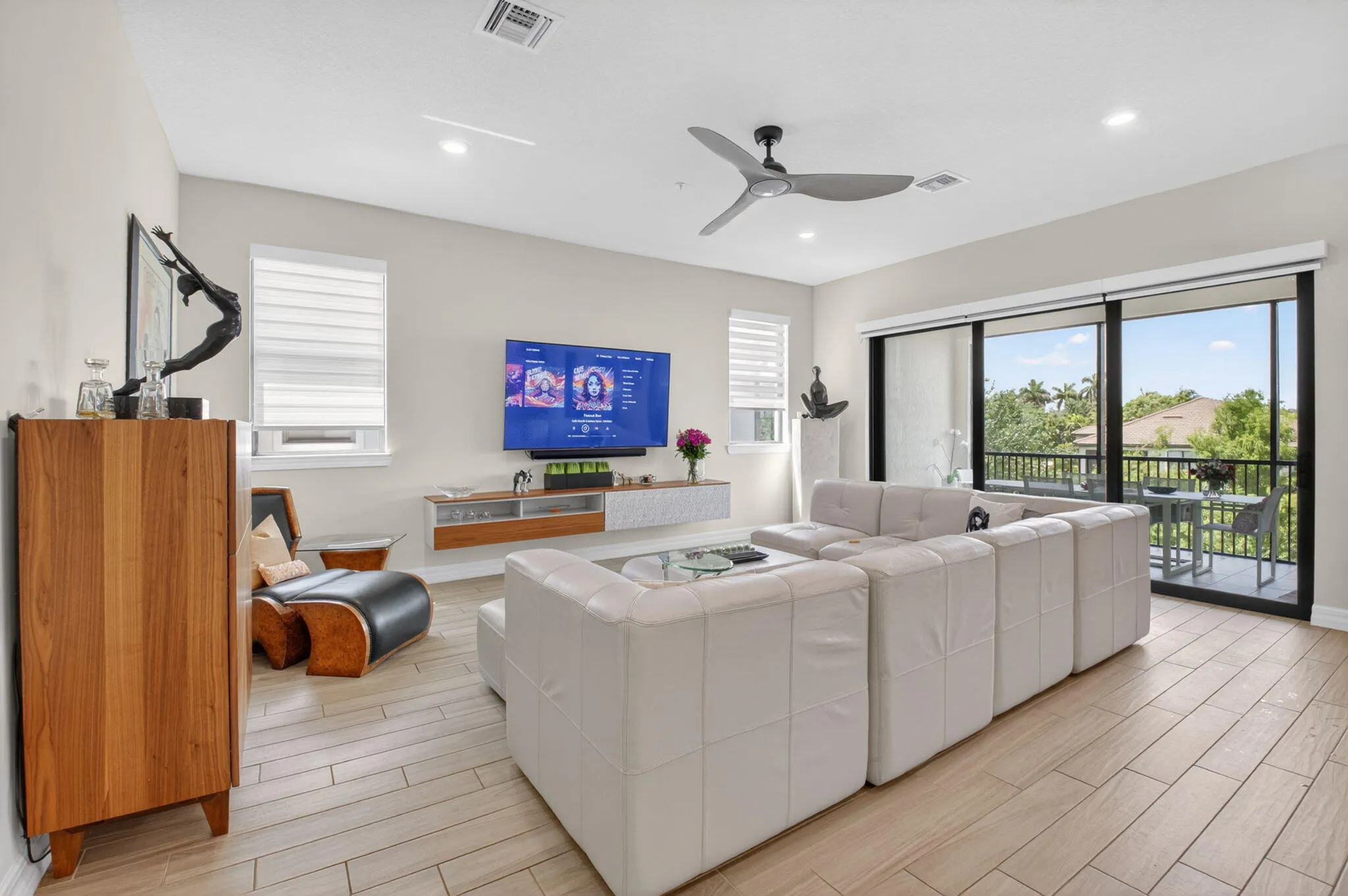 Great Room with volume ceilings and lake views