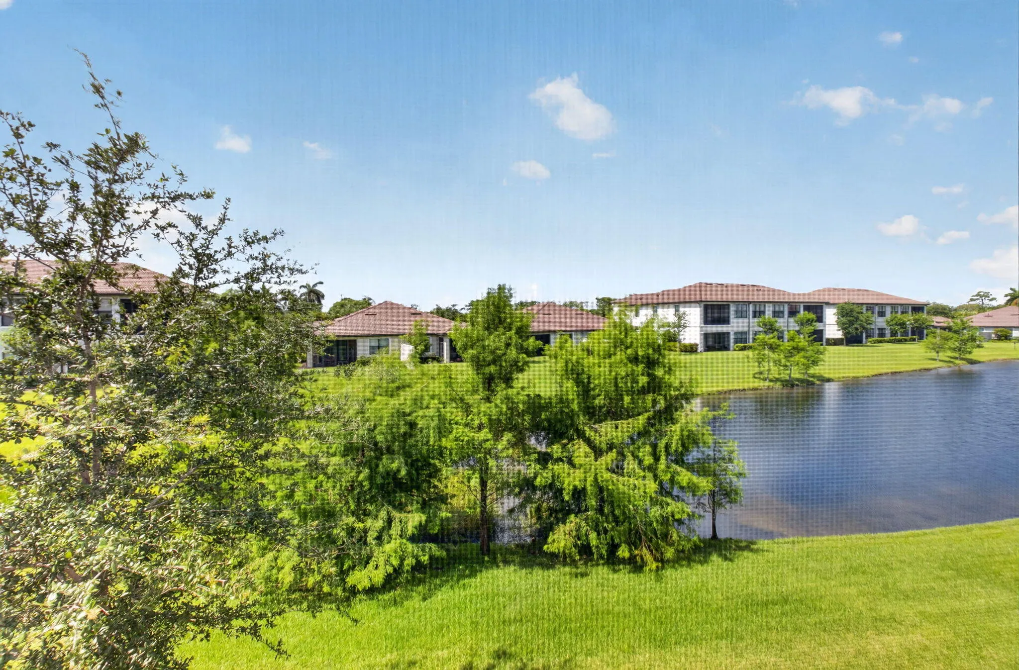 Covered and screened lanai with breathtaking lake views and lush treetops