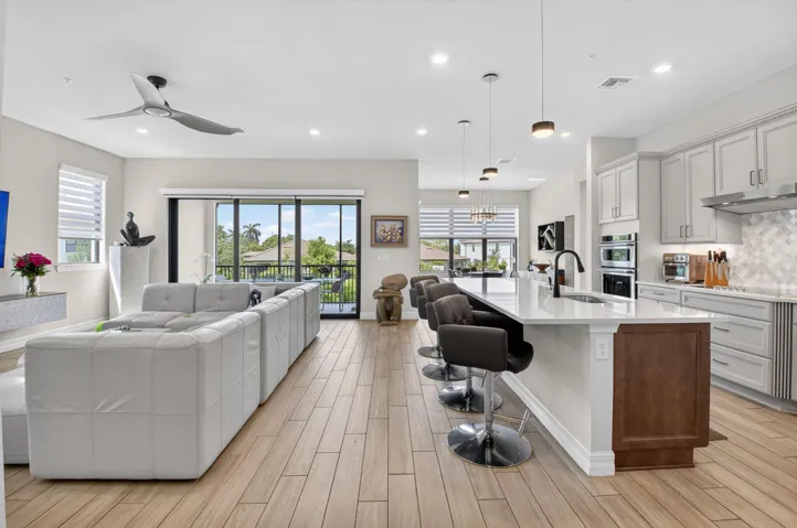 Great Room with volume ceilings and lake views
