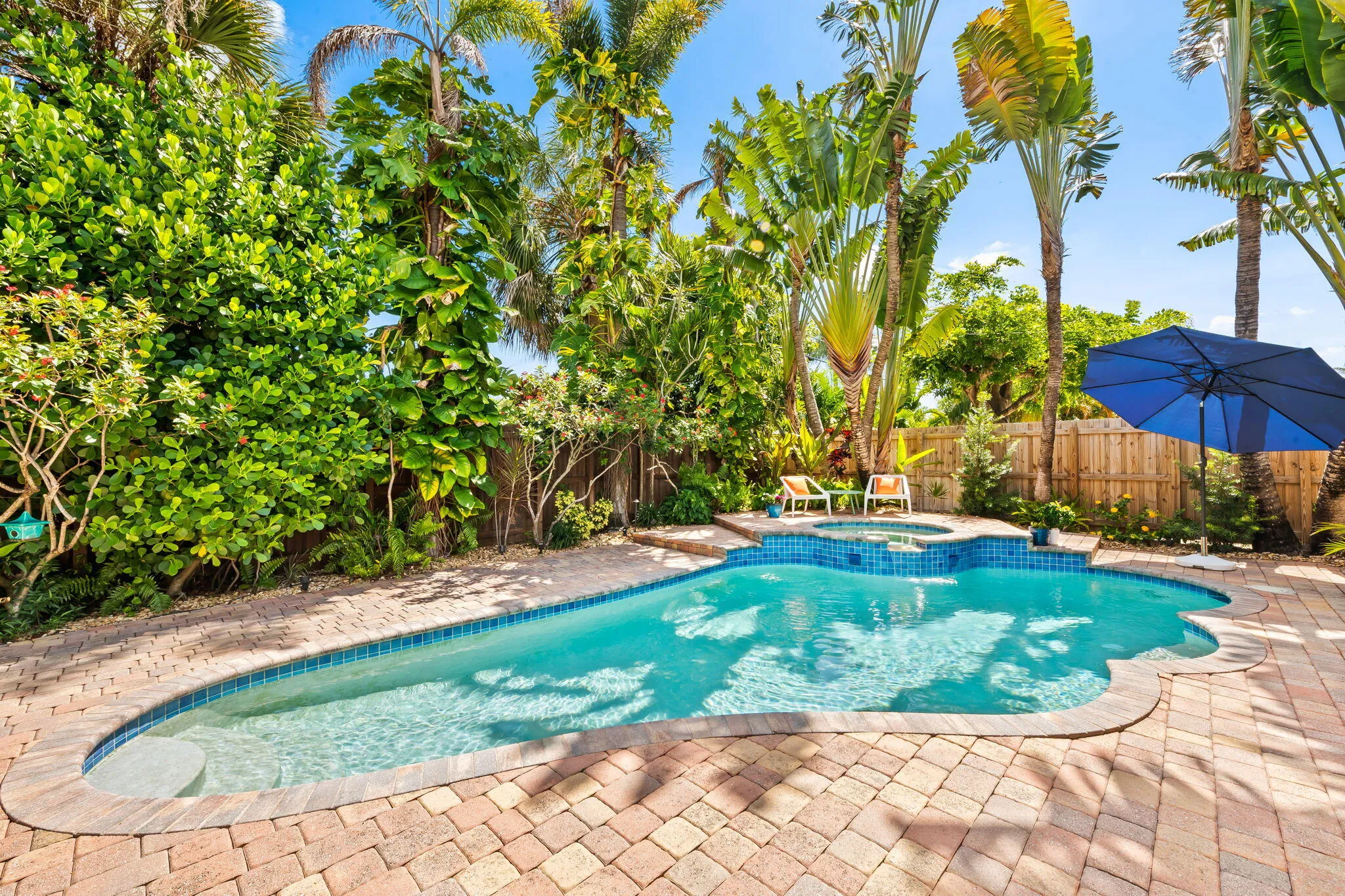 Fenced, private backyard photo of heated, saltwater pool and spa.