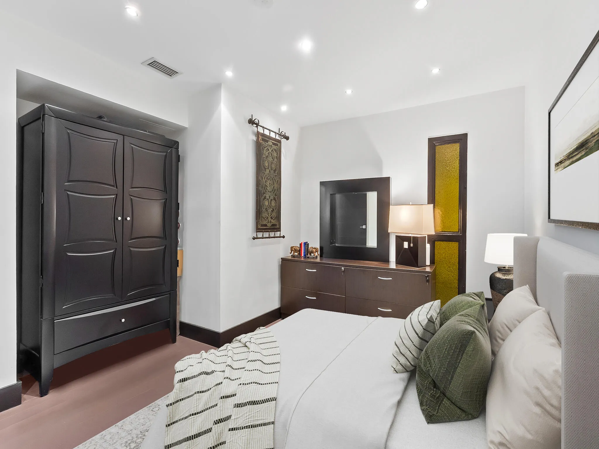 DISCLAIMER: Digitally enchanted photo with a bed and night stands and all other information depicted are illustrative, and are provided to assist in visualizing the home and may not be accurately depicted.