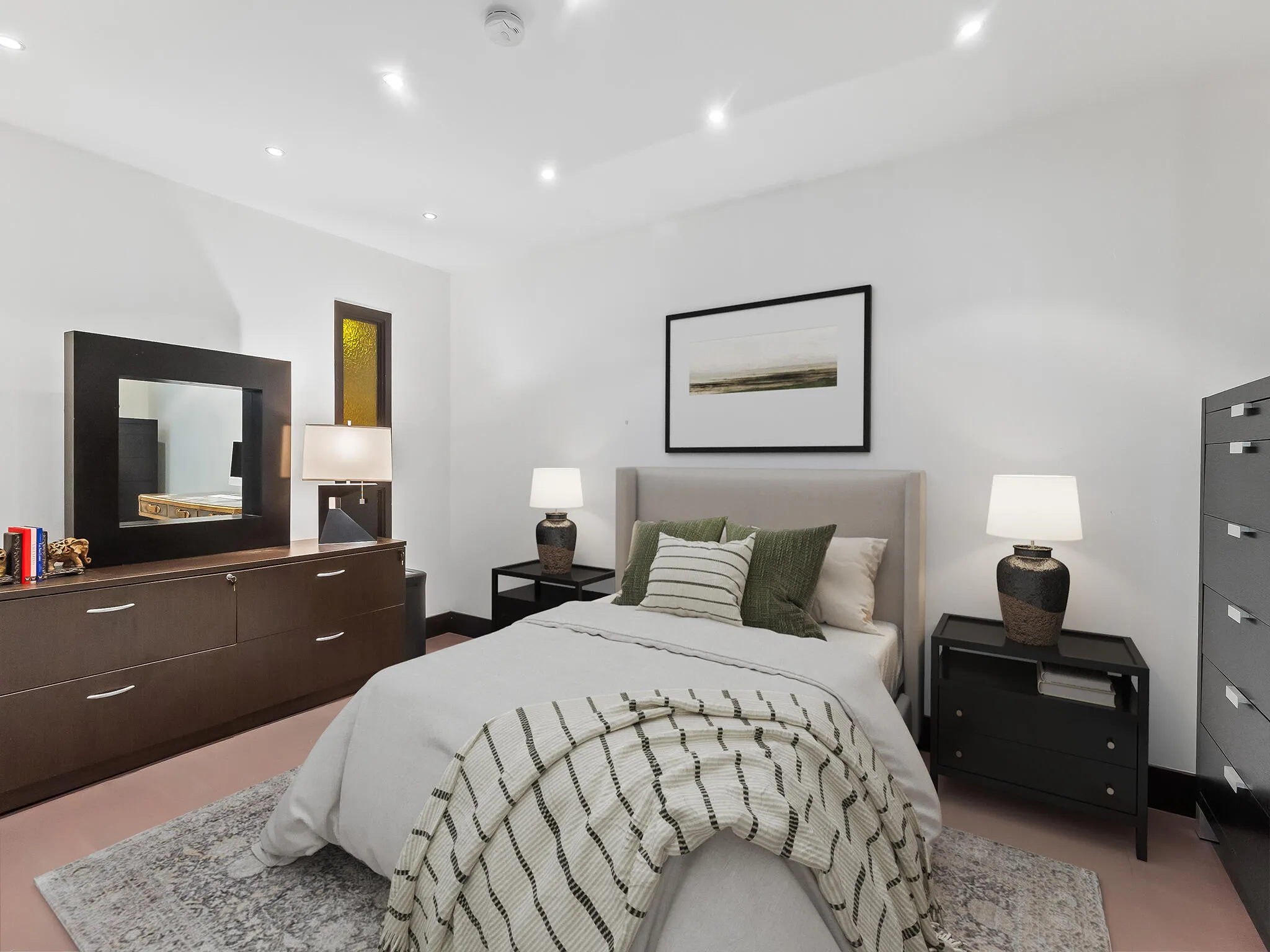 DISCLAIMER: Digitally enchanted photo with a bed and night stands and all other information depicted are illustrative, and are provided to assist in visualizing the home and may not be accurately depicted.