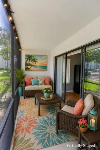 Virtual image. Summer porch off the living room. This looks North and is shaded during the day.