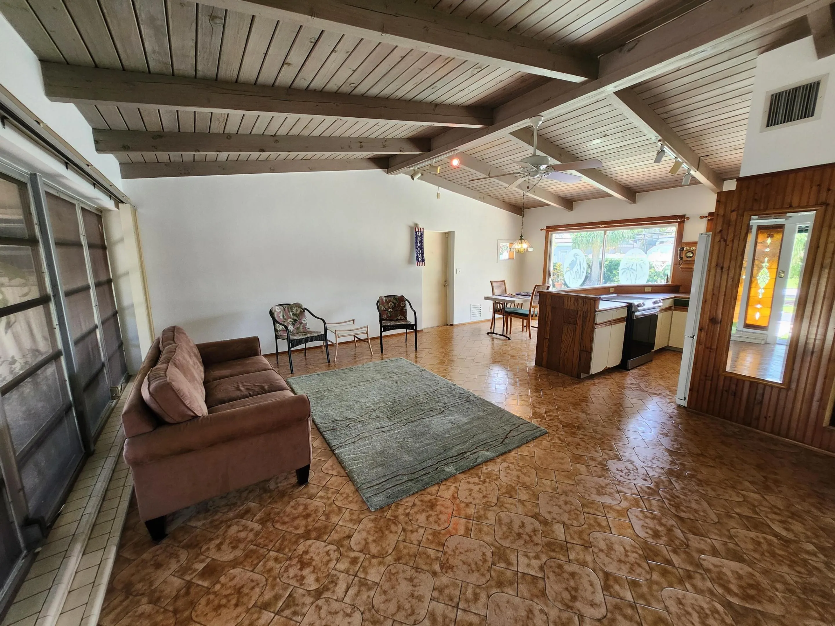 High ceilings with beams!
