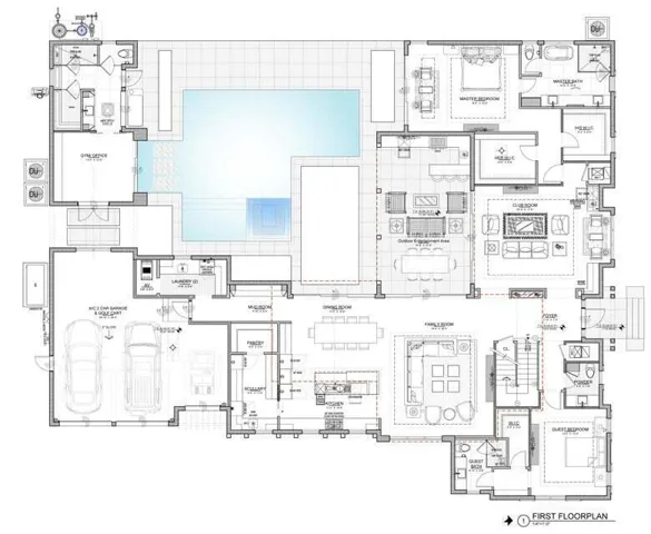 Proposed first-floor plan featuring the primary suite, club/wellness flex space, private gym/office, two-car garage, and dedicated golf-cart space.
