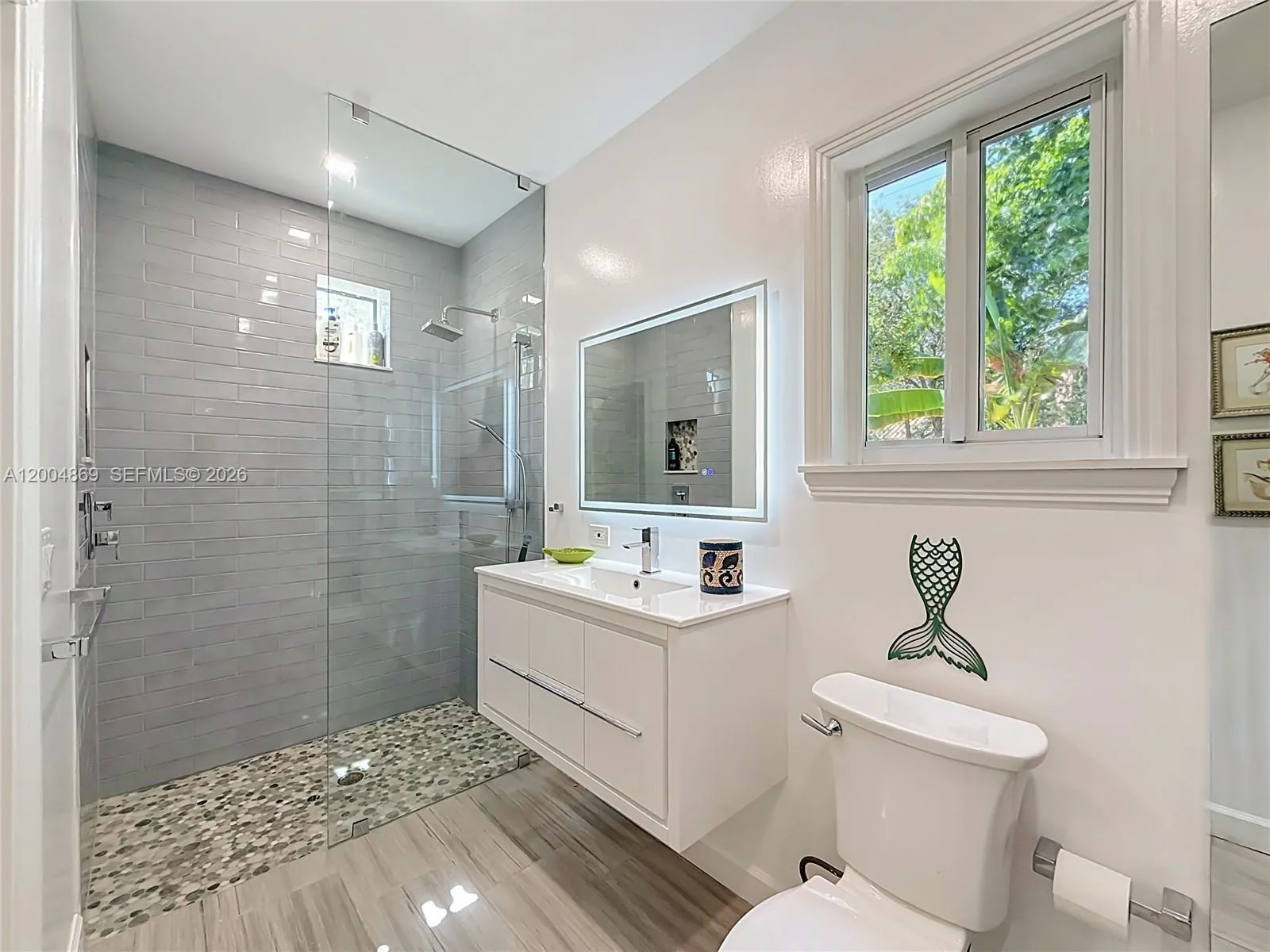 Large shower, frameless glass