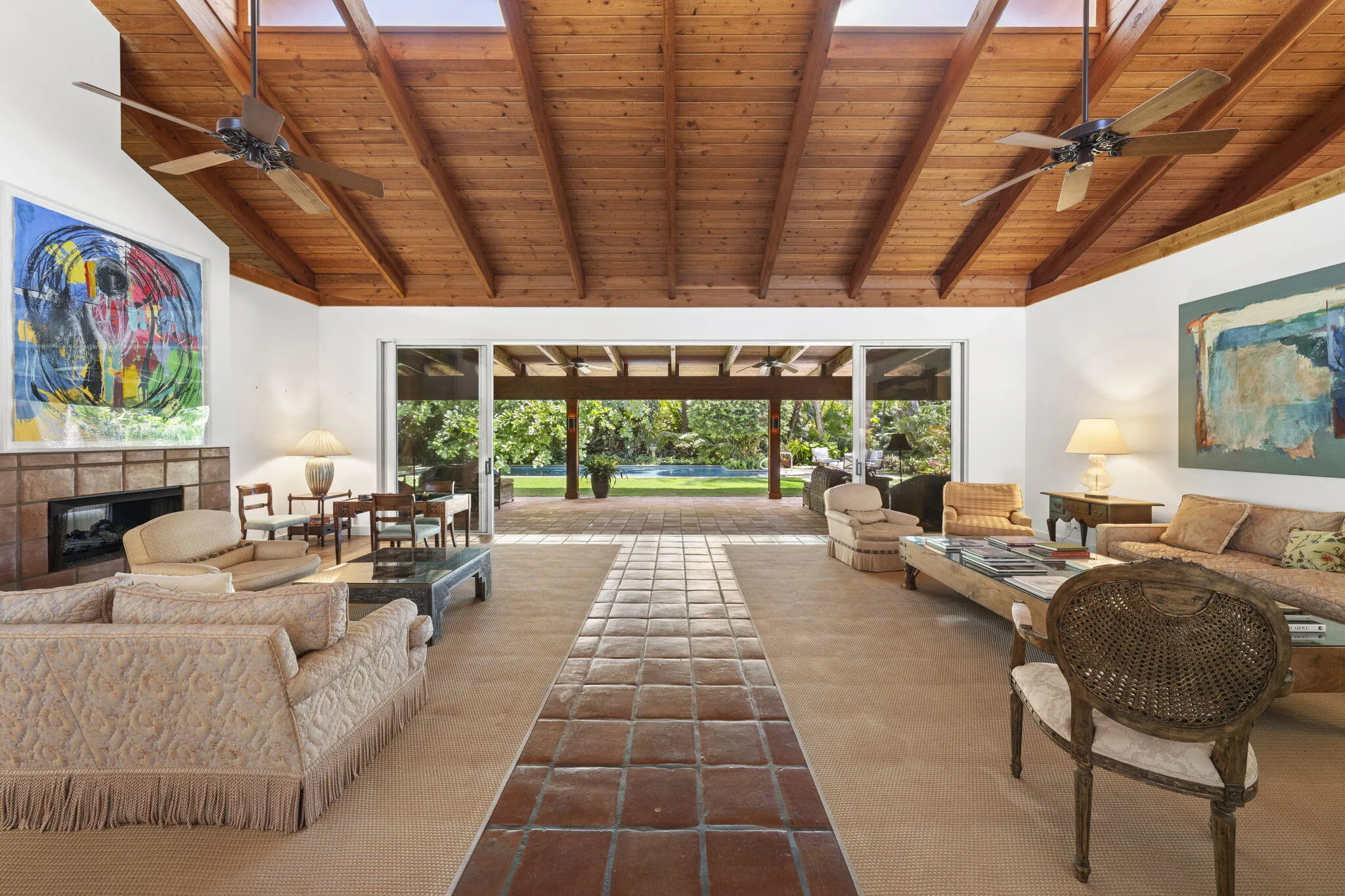Living Room with California Redwood Beamed 20 Ft ceilings.