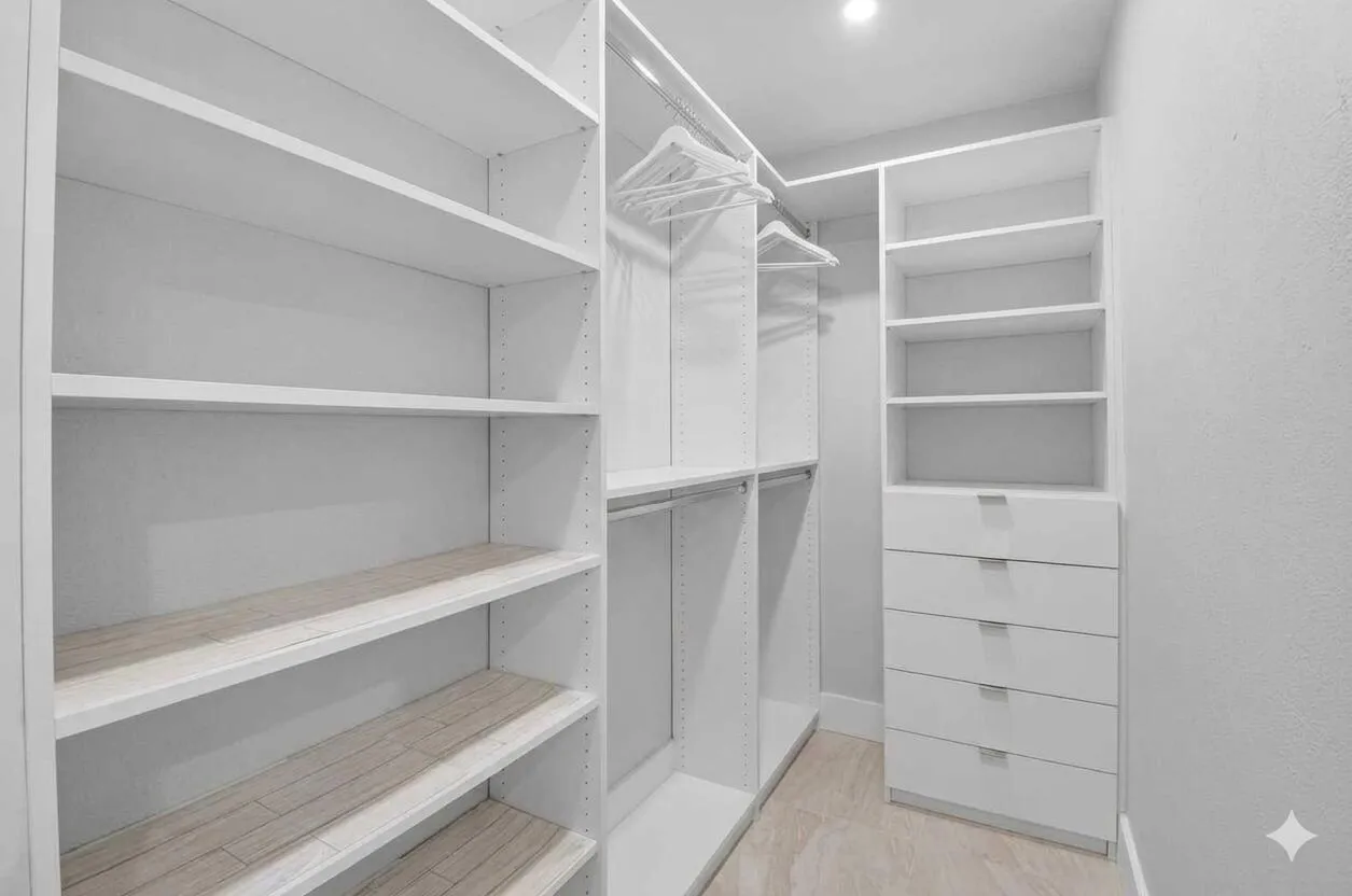 Primary Custom Walk-In Closet System, plenty of space for all of your belongings!