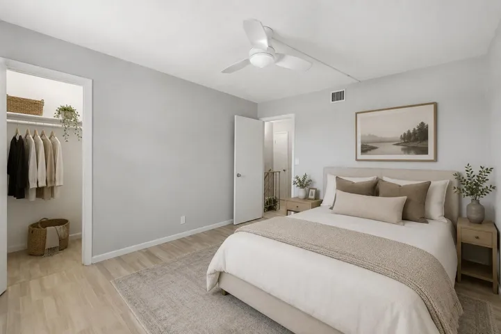Virtually staged bedroom offering a comfortable and inviting space for rest and relaxation.