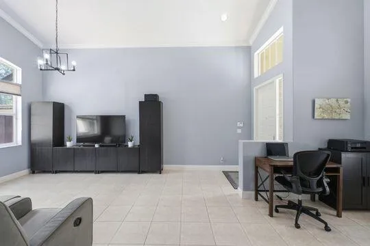 Living room adjoins dining room