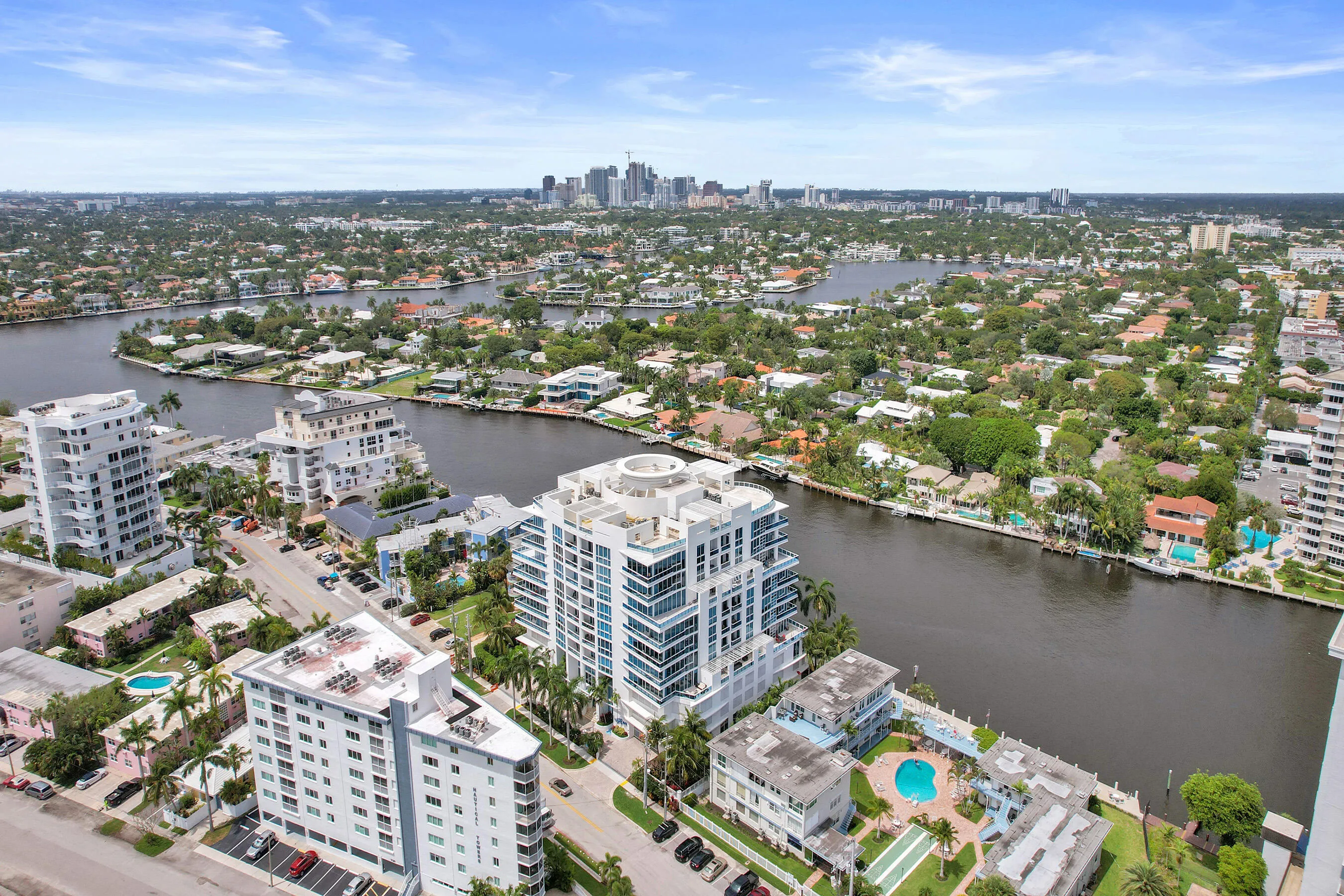 Southwest views of the downtown skyline, the Intracoastal waterway, and luxury residential properties