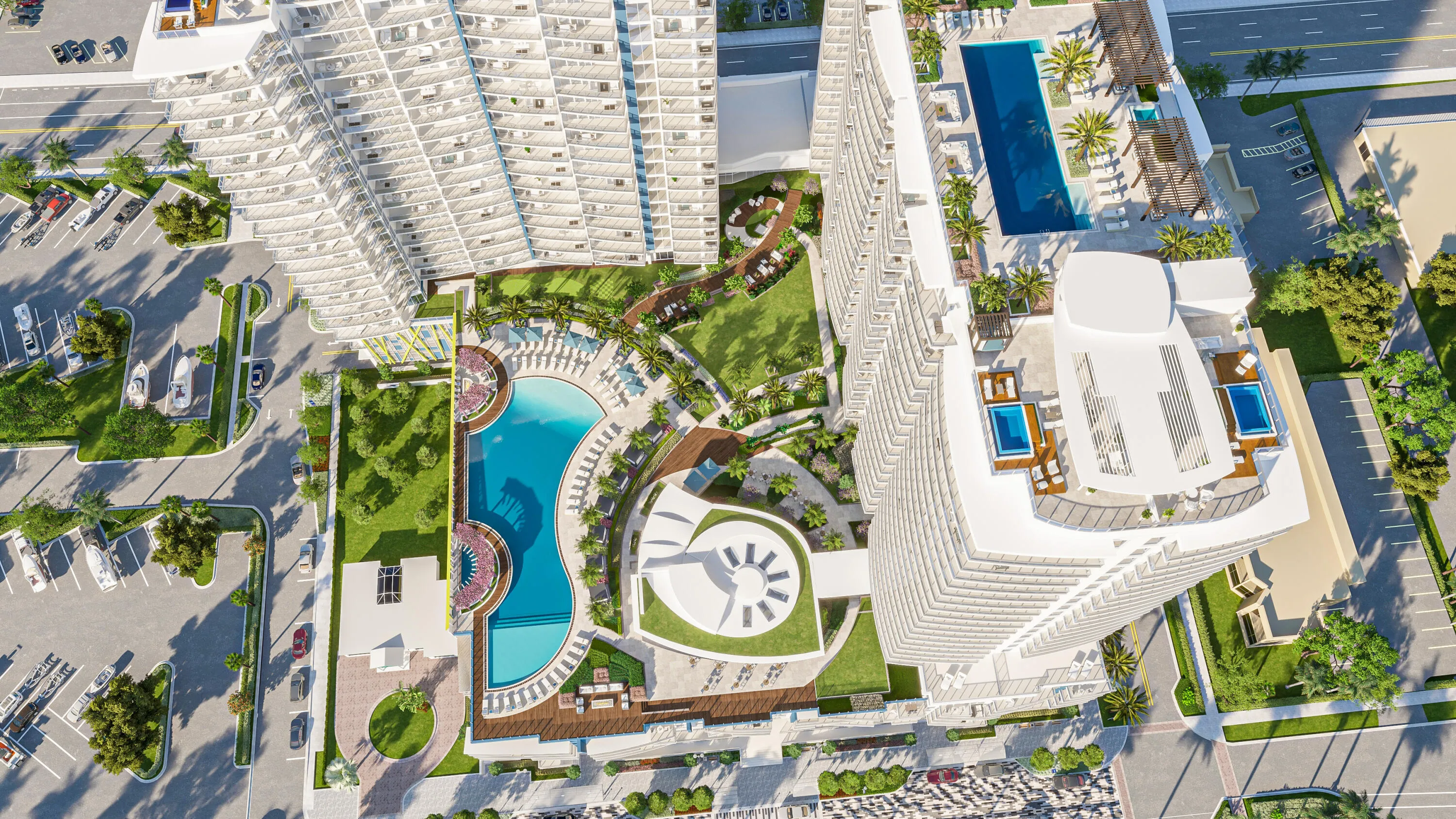 Nautilus 220 - Ariel Rendering; 6th Floor Pool and Rooftop Pool; Penthouse Decks