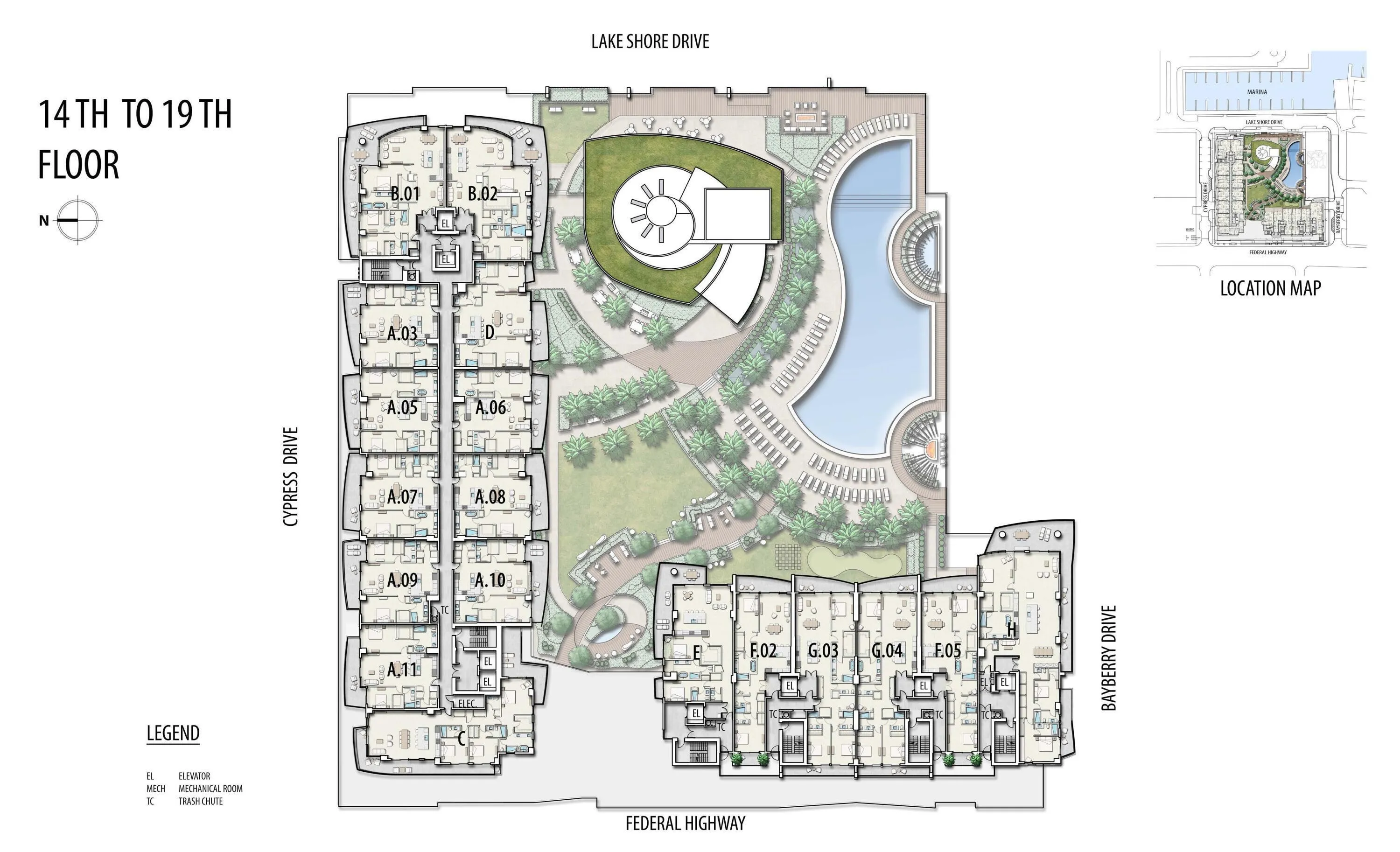 A.06 Location in North Tower; Overall Layout of North Tower and South Tower on 14-19th Floor