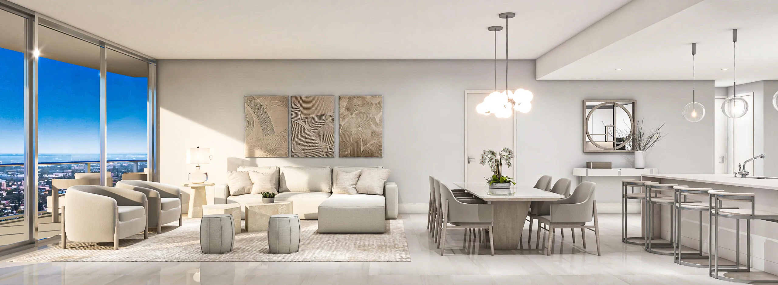Living Area, Dining, and Kitchen Rendering; West
