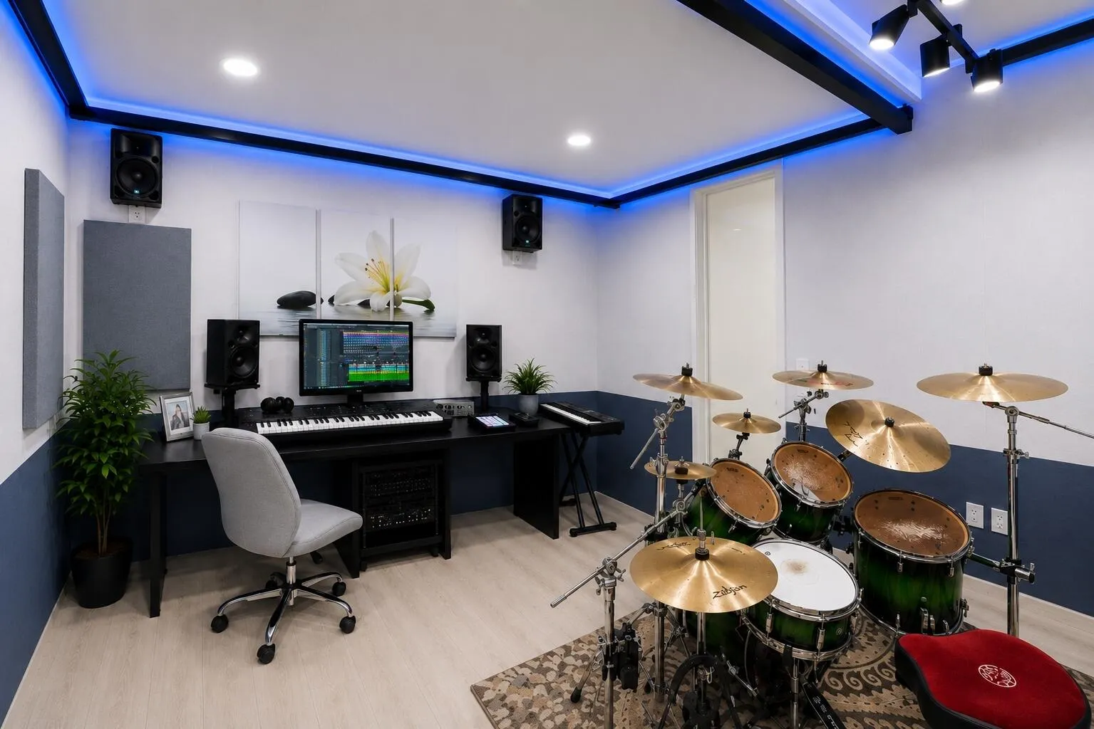 Professional Music Studio. All walls wrapped in custom acoustic panels. Acousitcal drop ceiling. Designed specifically for optimal sound in this particular room.
