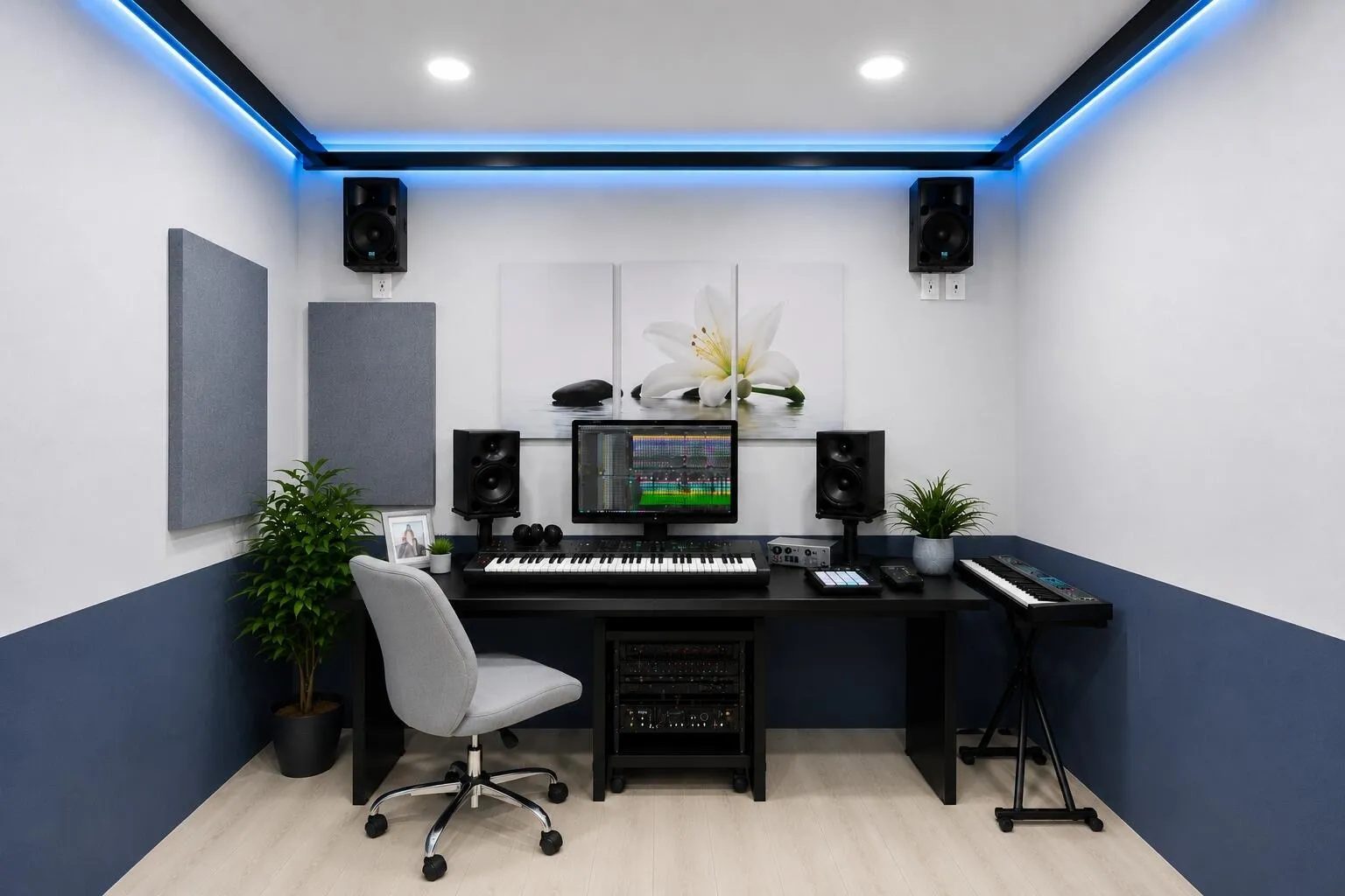 Professional Music Studio. All walls wrapped in custom acoustic panels. Acousitcal drop ceiling. Designed specifically for. optimal sound in this particular room.