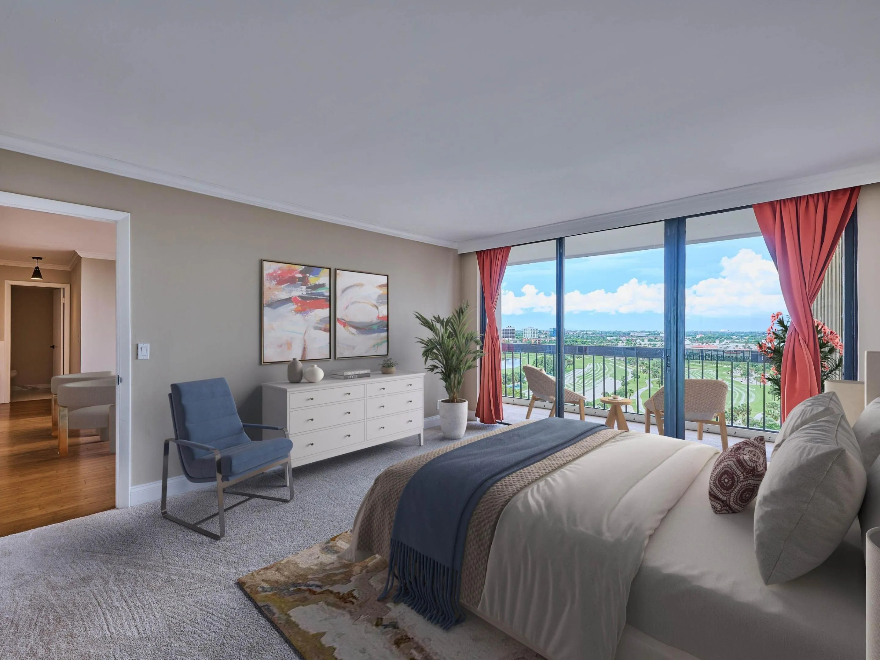 The spacious bedroom easily holds a king size bed plus nightstands, a dresser, and seating, not to mention a spectacular view!