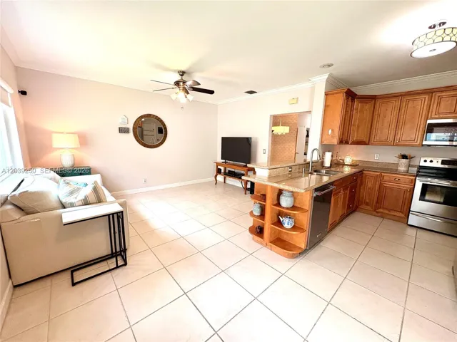 Wide view of kitchen and family room