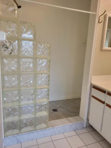 Block glass in the shower and no grout lines in the shower. Easy clean.