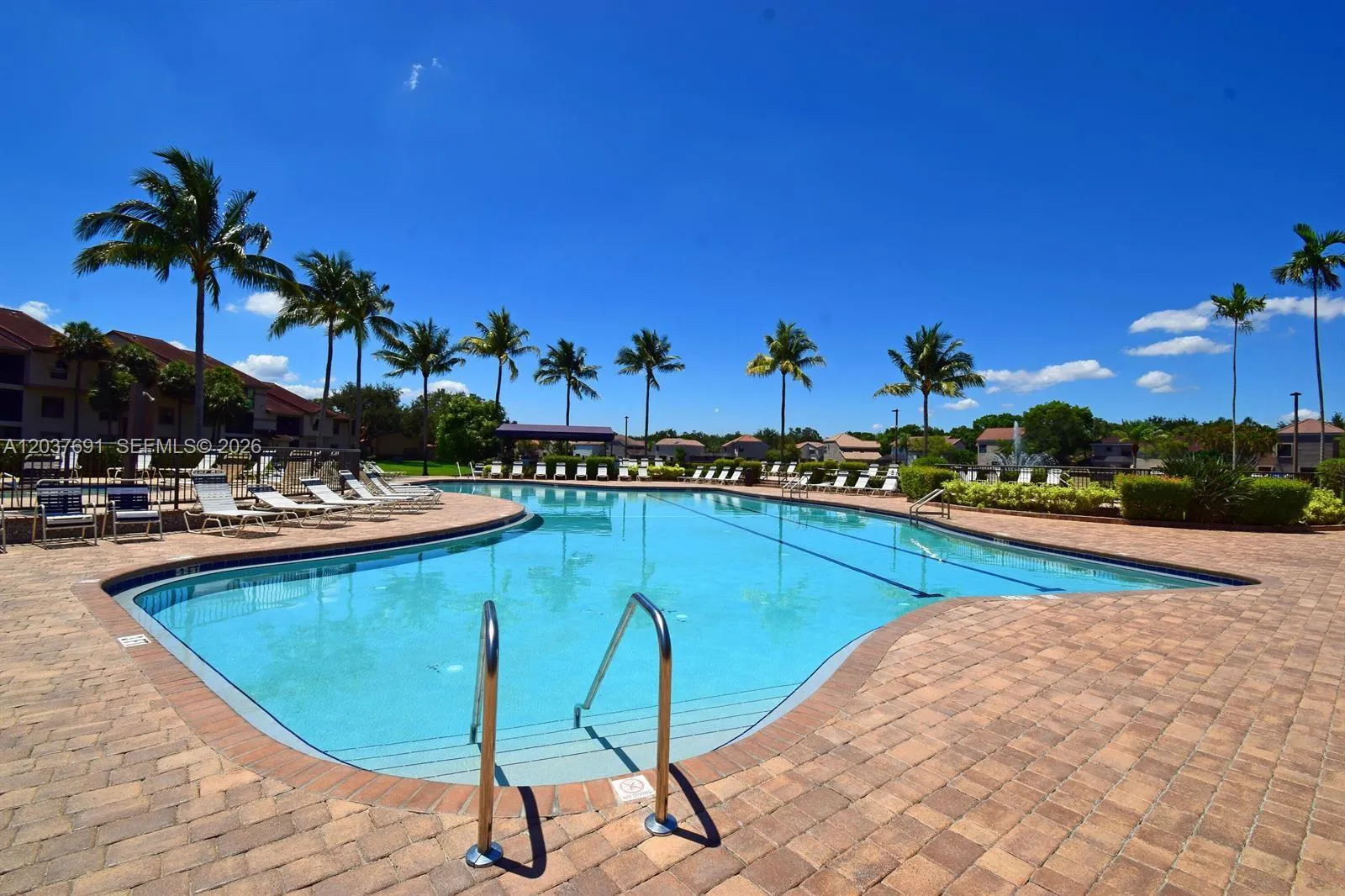 Sparkling pool surrounded by tropical palms creates a true resort-inspired ambiance