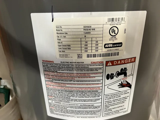 2025 Water Heater, NO INSURANCE ISSUES