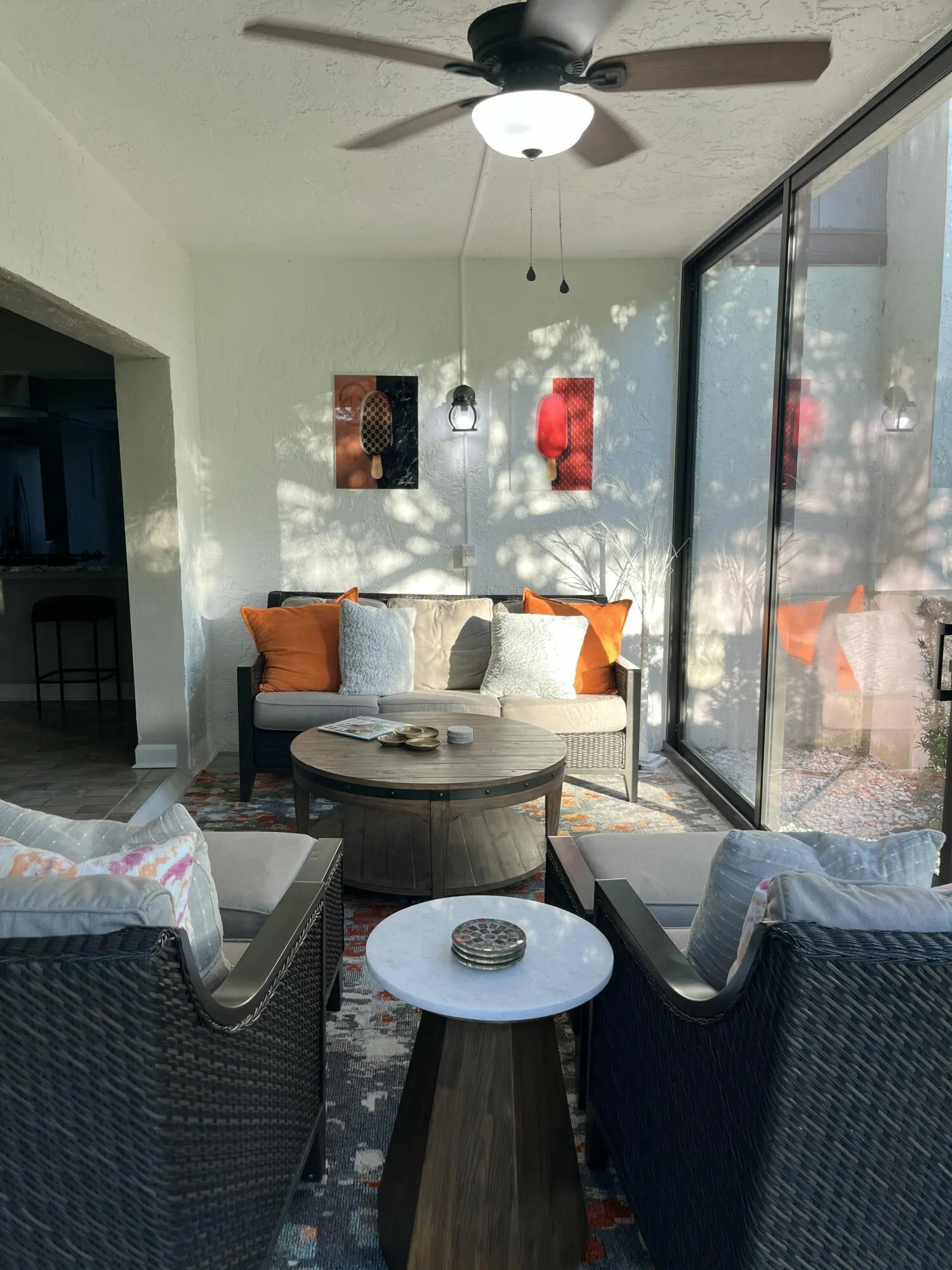 Enclosed patio w view of Global