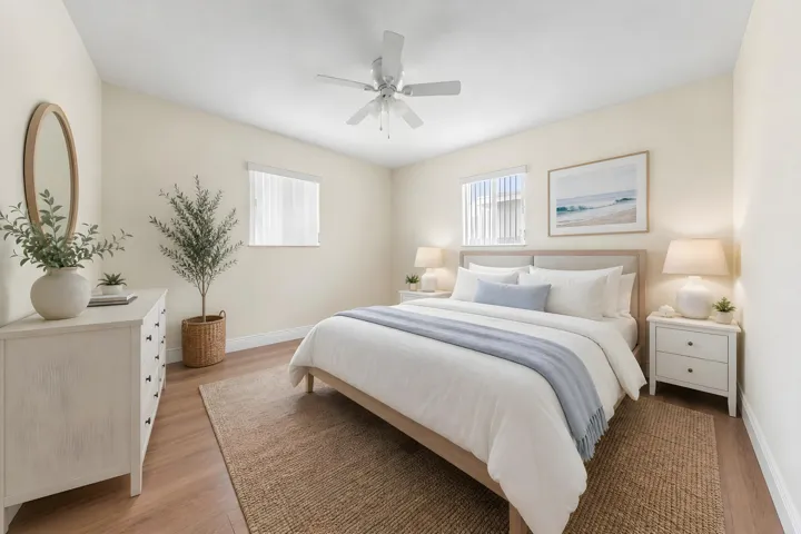 Master Bedroom Virtually staged. Luxury Vinyl plank flooring. Walk in closet.