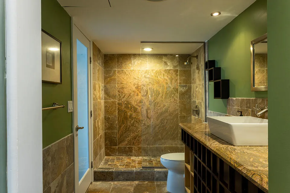 Updated luxury bath with spacious walk in shower