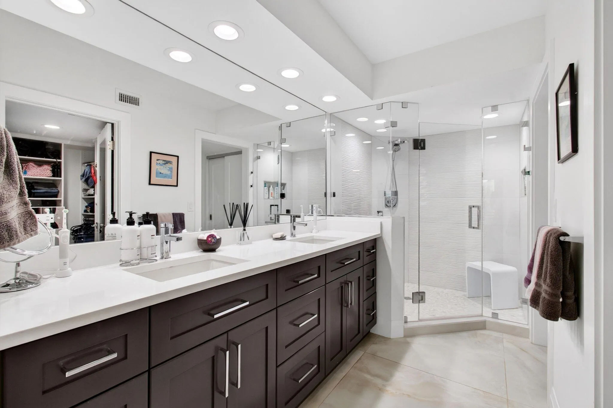 with double sinks and spacious walk-in shower