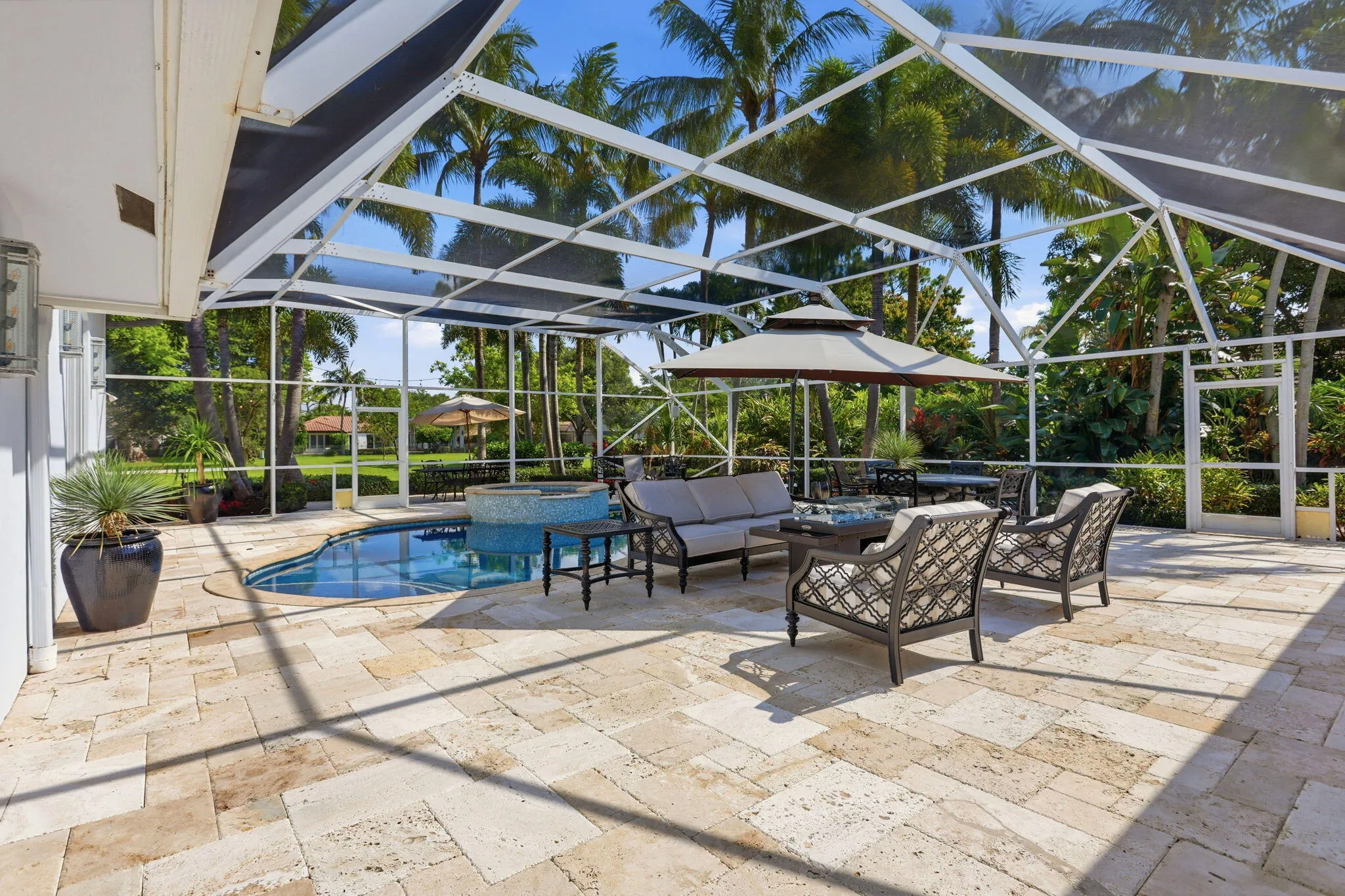 Pool area with views of park