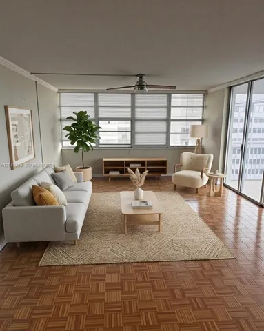 Living room w/ Balcony Virtually staged