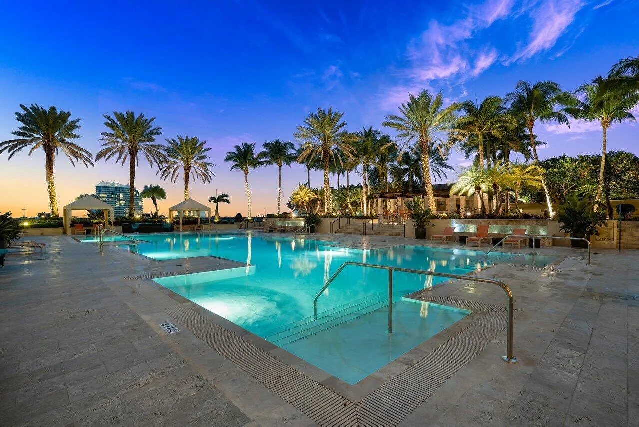 Resort-Style Pool Deck at Night