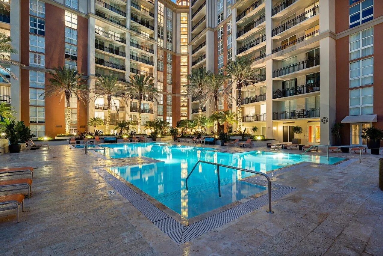 Resort-Style Pool Deck at Night