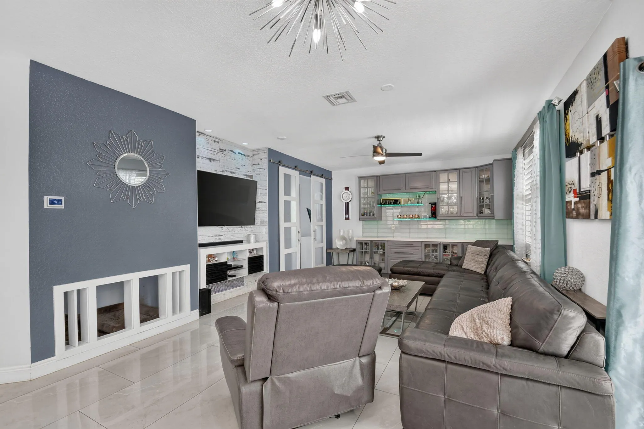 Family room with dog house