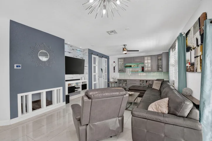 Family room with dog house