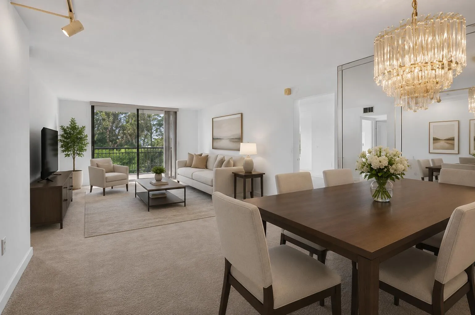 Virtually staged dining room and living room creates an inviting space, perfect for entertaining!