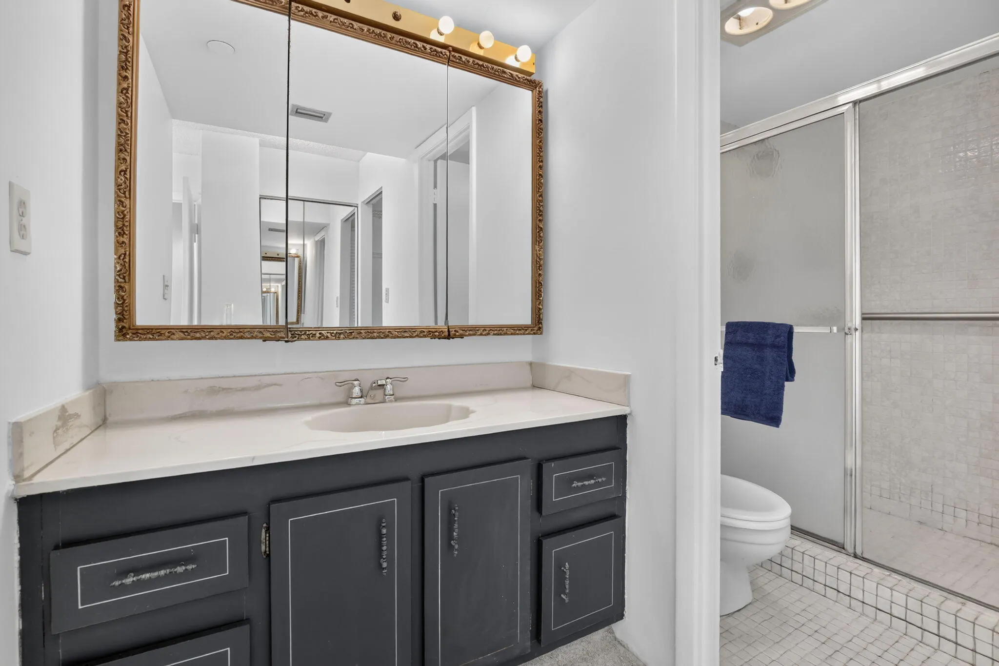 Primary bathroom features large vanity, ideal for double sinks and a separate water closet with standing shower!